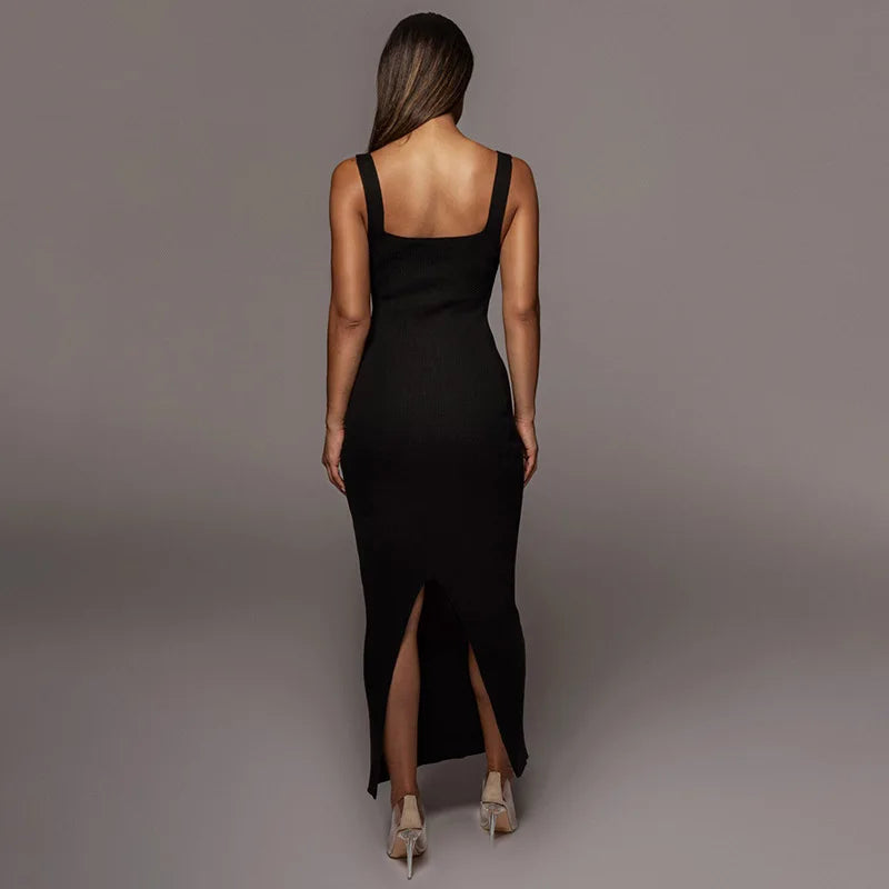 2021 Custom logo Fall Women Office Formal Dresses square Neck Sleeveless tank Bodycon Pencil Ribbed Knitted Dresses