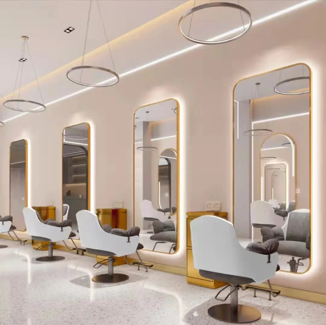 Chrome Mirror Station With Led Lighting Three Color Adjustable Barbershop Furniture — Silver | KIMLUD