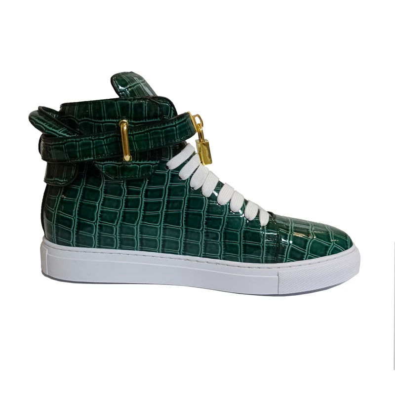 High Top Sneakers – Gold Buckle – Crocodile Pattern Leather | KIMLUD