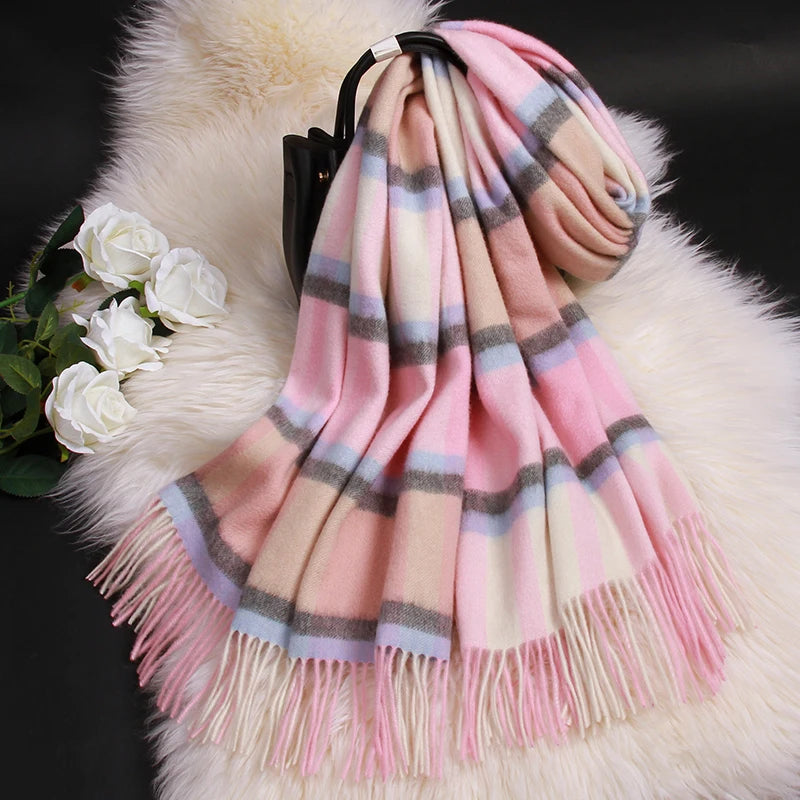 Lambswool Scarf Checkered Camel Plaid — Camel | KIMLUD