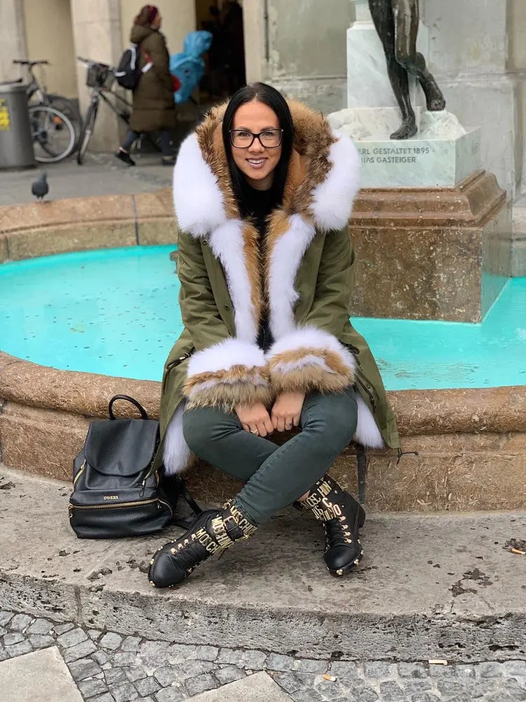 2024 Winter Jacket Women Natural Raccoon Fur Collar  Real Fur Coat Color matching Hood Cuffs Thick Warm Outerwear New Long Parka