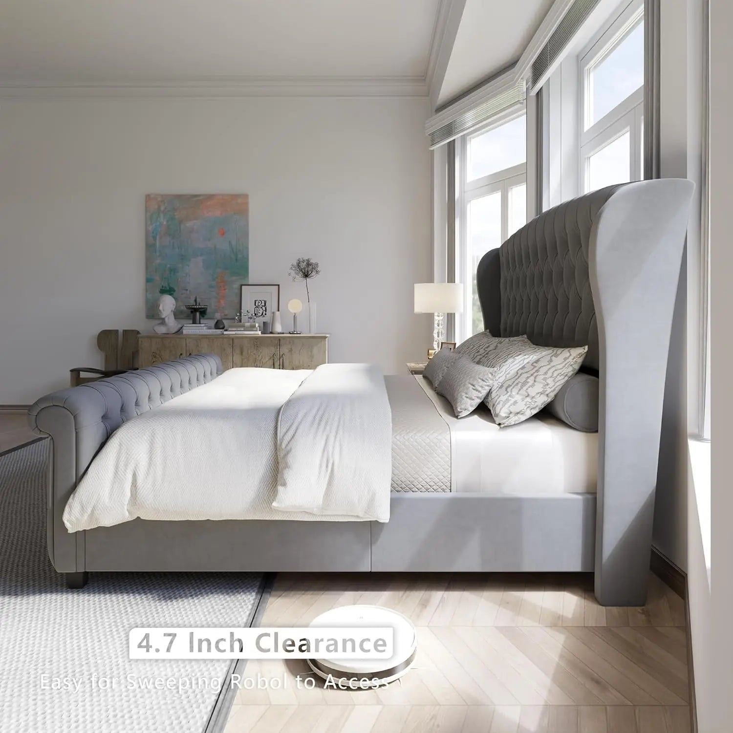 Velvet Upholstered Tufted Sleigh Bed — Gray | KIMLUD