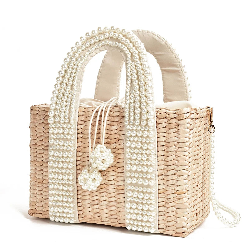 Straw Basket Tote Pearl Bead Trim — Natural | KIMLUD
