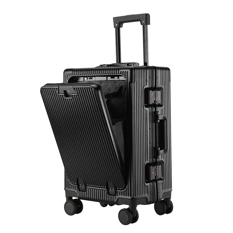Aluminium Front Opening Luggage Case With Multifunction Password Lock And Cup Holder — Cool Silver | KIMLUD