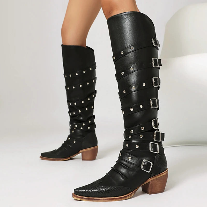 Western Buckle Wedge Boots — Saddle Brown | KIMLUD