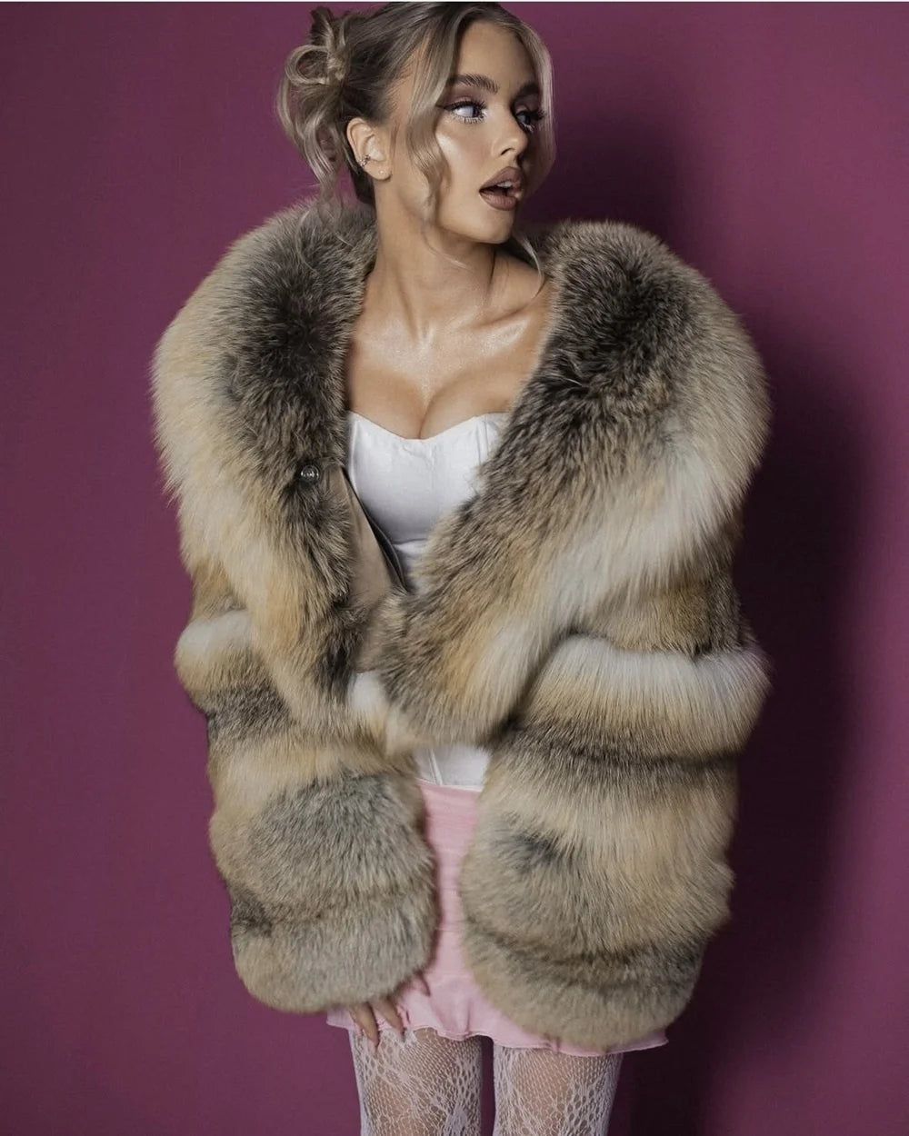 Top Luxury Full Pelt 100% Natural Riches Golden Island Fox Fur Skin Crop Top Coat