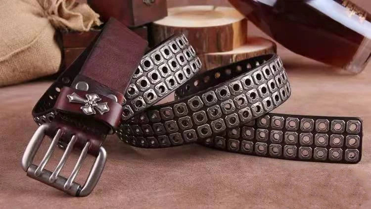 Studded Leather Belt Heavy Metal Style — Dark Brown | KIMLUD