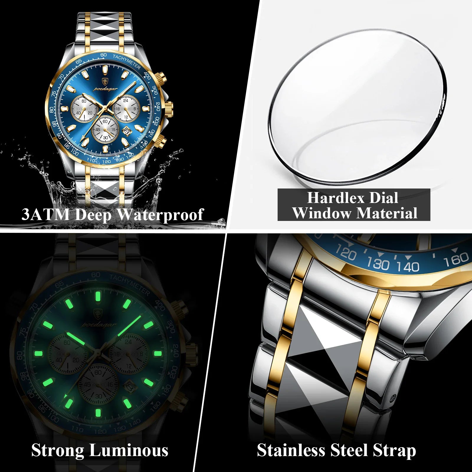 Stainless Steel Luxury Sports Watch Chronograph Auto Date — Blue | KIMLUD