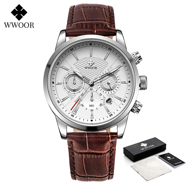 2024 New WWOOR Design Men Watches Top Brand Luxury Waterproof Leather Quartz Wristwatch Sports Chronograph Relogio Masculino+Box