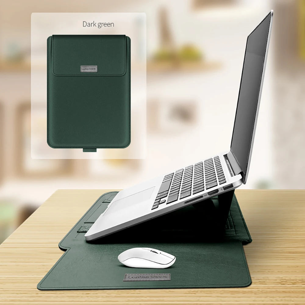 PU Leather Stand Cover MacBook Pro 16 Case — Dark Green | KIMLUD