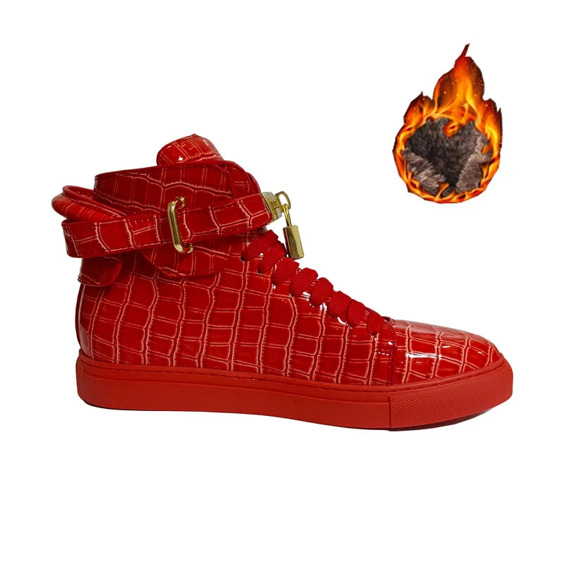 High Top Sneakers – Gold Buckle – Crocodile Pattern Leather | KIMLUD