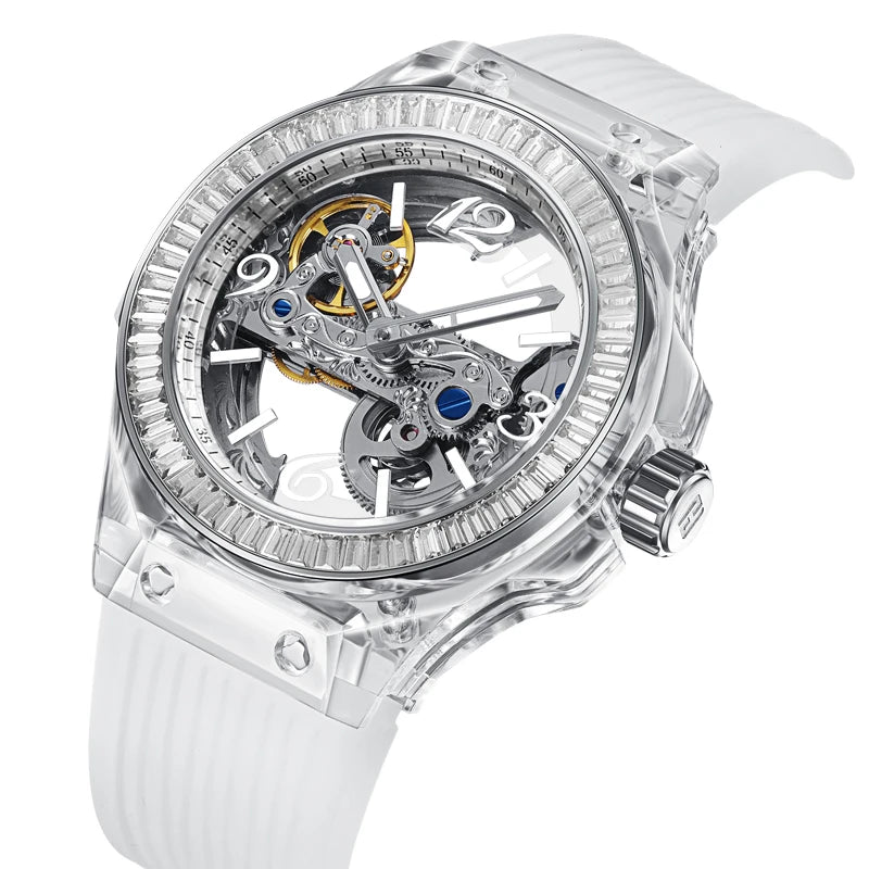 Stainless Steel Skeleton Mechanical Watch — Black | KIMLUD