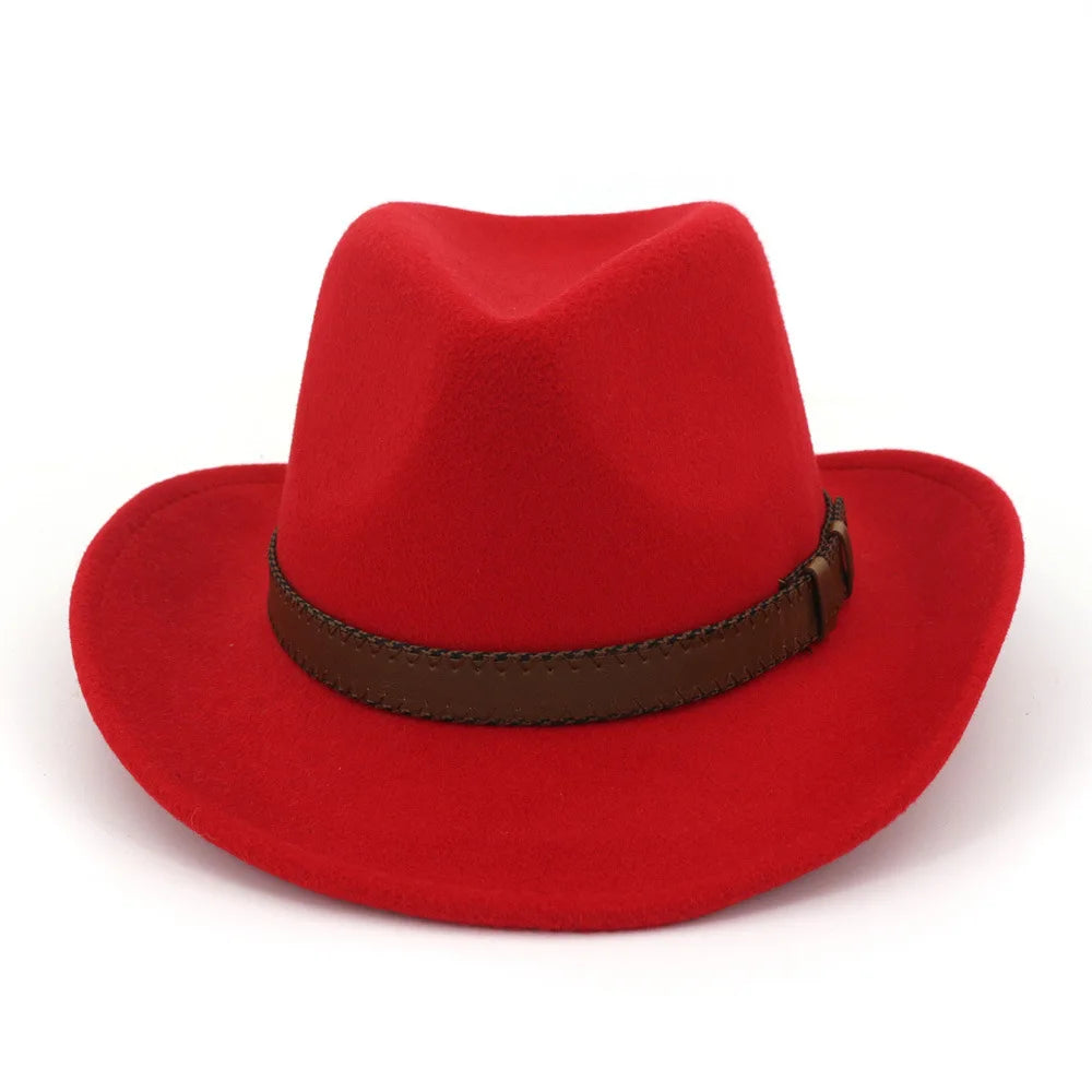 Wool Felt Cowboy Fedora Hat Wide Brim Leather Band — Dark Brown | KIMLUD