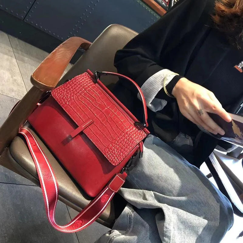 Genuine Leather Handbag Crocodile Print Double Shoulder Straps — Cognac | KIMLUD