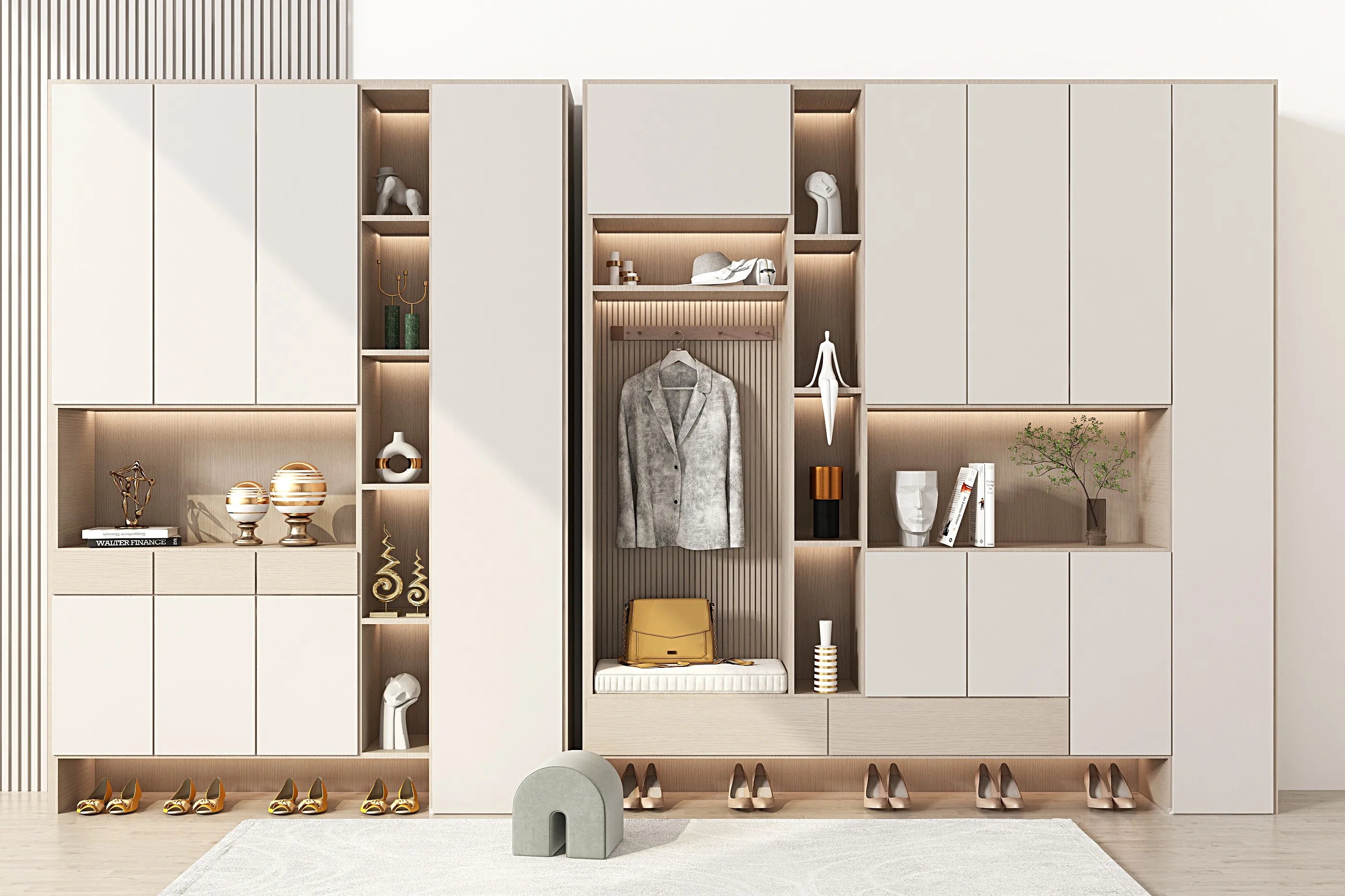 Modern Wooden Shoe Cabinet With Bench — Ivory | KIMLUD