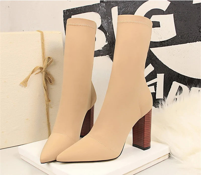 Ankle Boots – Stretch Sock Boot – 8cm Square Heel – Women | KIMLUD