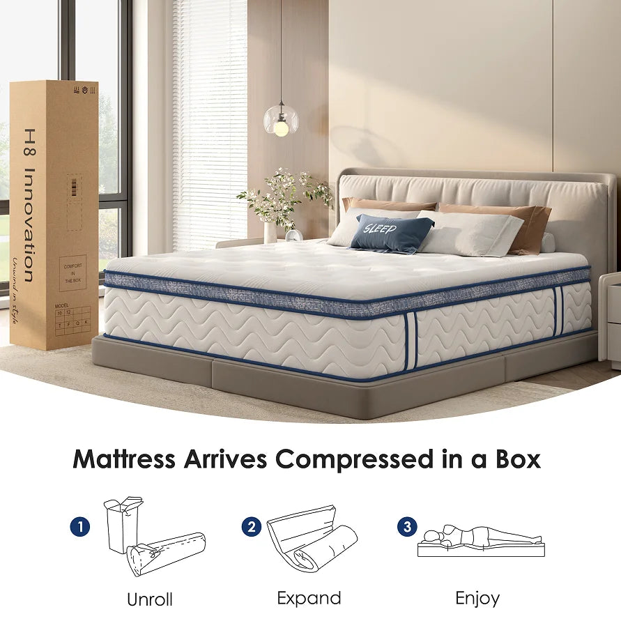 Size Foam Mattress 12 Inch Individually Pocketed Innerspring Medium Firm Bedroom Home Furniture