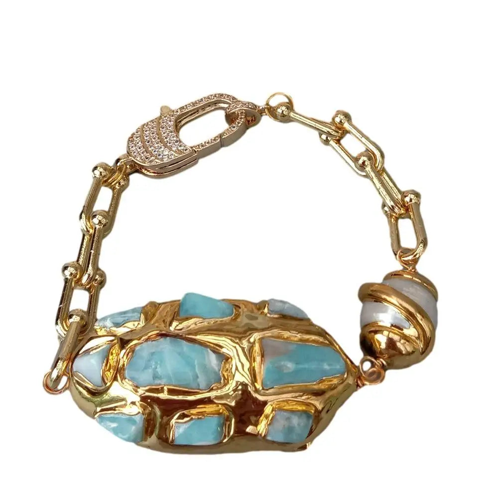 Gold Plated Chain Larimar Chips Bracelet — Blue | KIMLUD