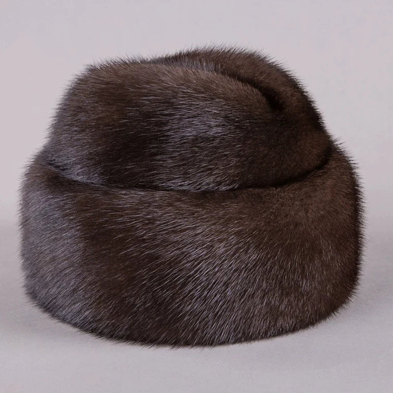 Genuine Leather Aviator Hat With Full Mink Fur — Black | KIMLUD