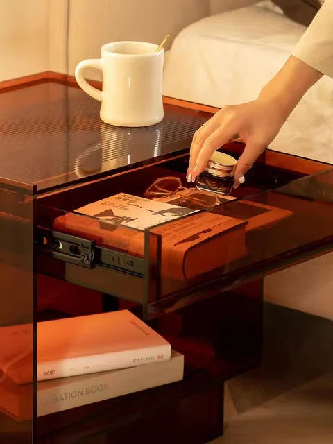 Acrylic Bedside Table With LED Lamp — Brown | KIMLUD