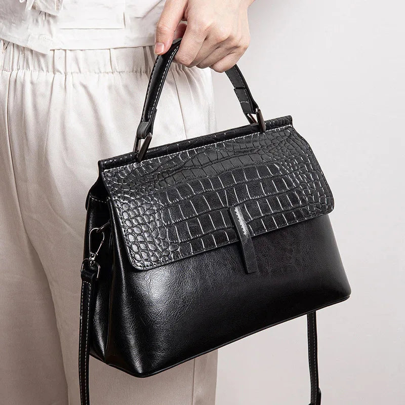 Genuine Leather Handbag Crocodile Print Double Shoulder Straps — Cognac | KIMLUD
