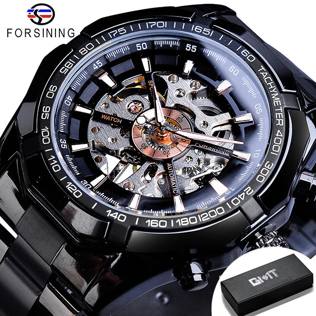 Forsining 2025 Stainless Steel Waterproof Mens Skeleton Watches Top Brand Luxury Transparent Mechanical Sport Male Wrist Watches