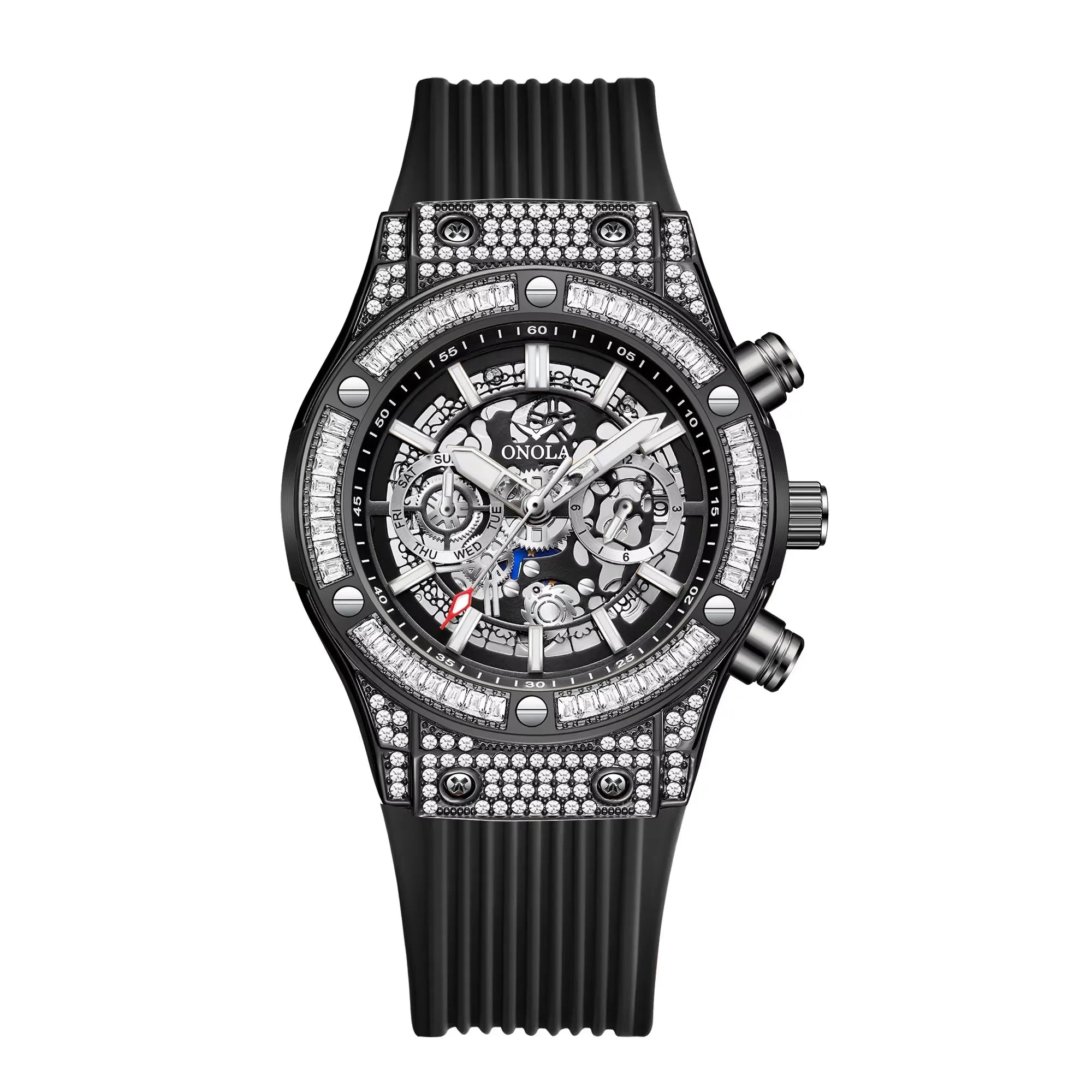 Diamond Dial Silicone Strap Automatic Watch — Black | KIMLUD
