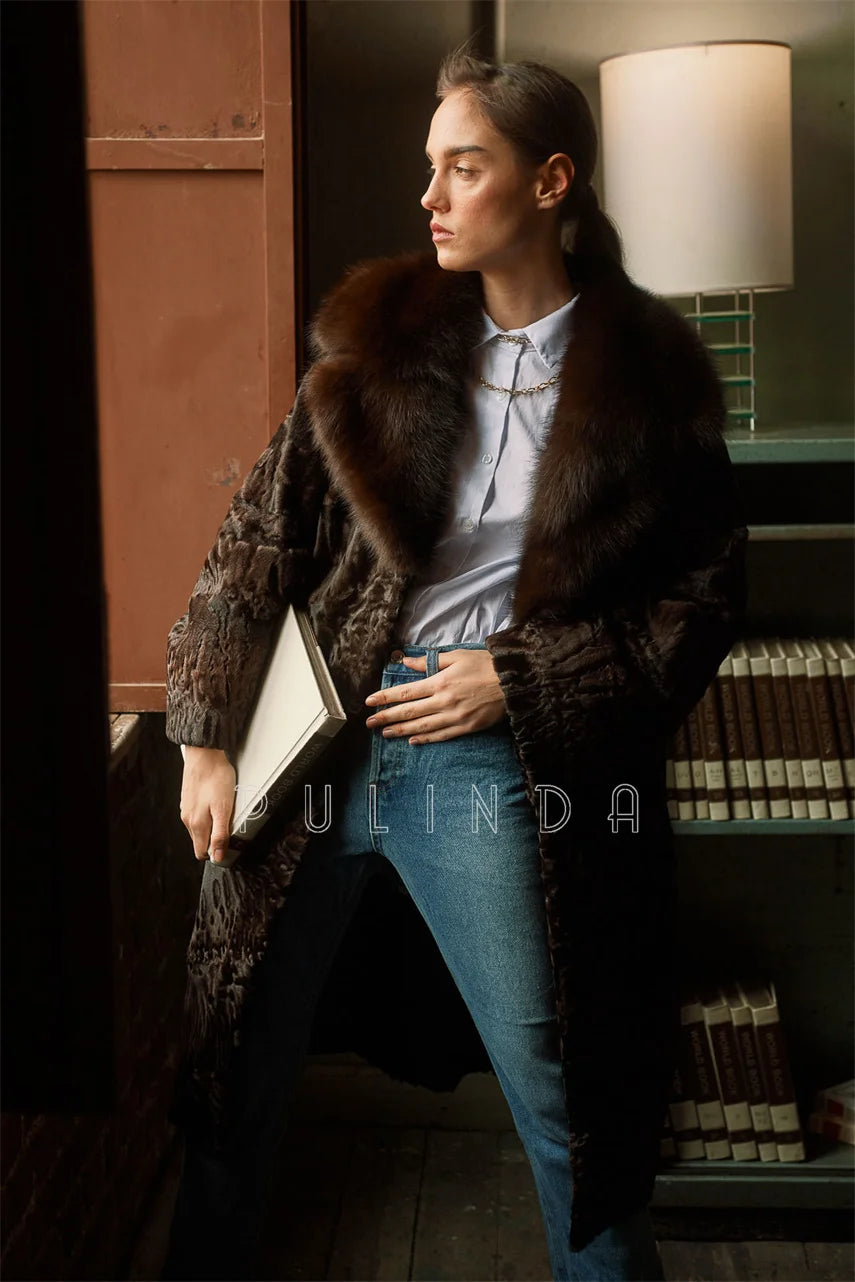 Brown Astrakhan Clothing Swakara Pels Karakul Fur Coat with Sable Collar Brown Sheep Skin Coat Leather Jackets for Ladies Winter