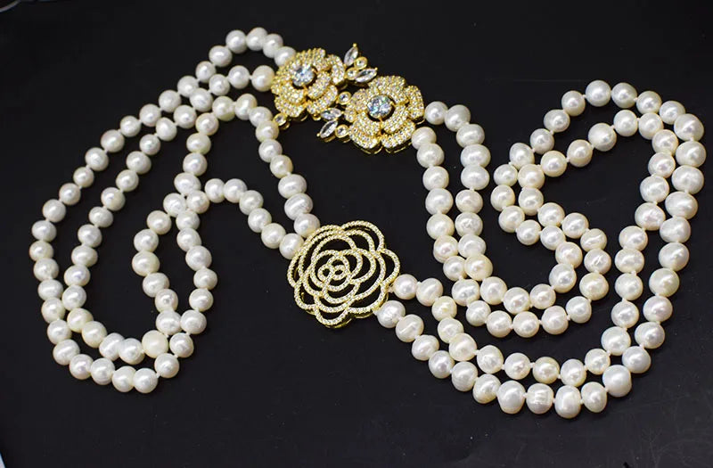 2ROWS freshwater pearl WHITE/GRAY ROUND 8-9MM necklace 24-26" FPPJ wholesale for woman gift