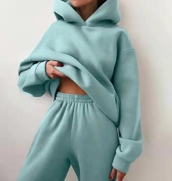 Fleece Hooded Tracksuit Two-Piece Set — Teal | KIMLUD