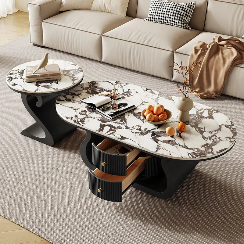 Oval Coffee Table With Integrated Lighting And Sculptural Twin-Curve Metal Base — White | KIMLUD