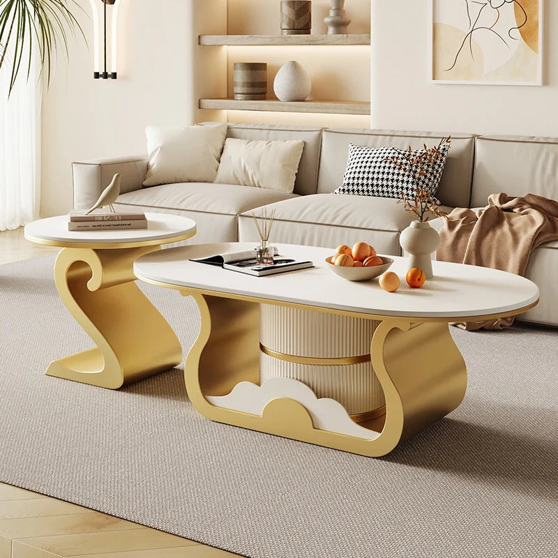 Oval Coffee Table With Integrated Lighting And Sculptural Twin-Curve Metal Base — White | KIMLUD