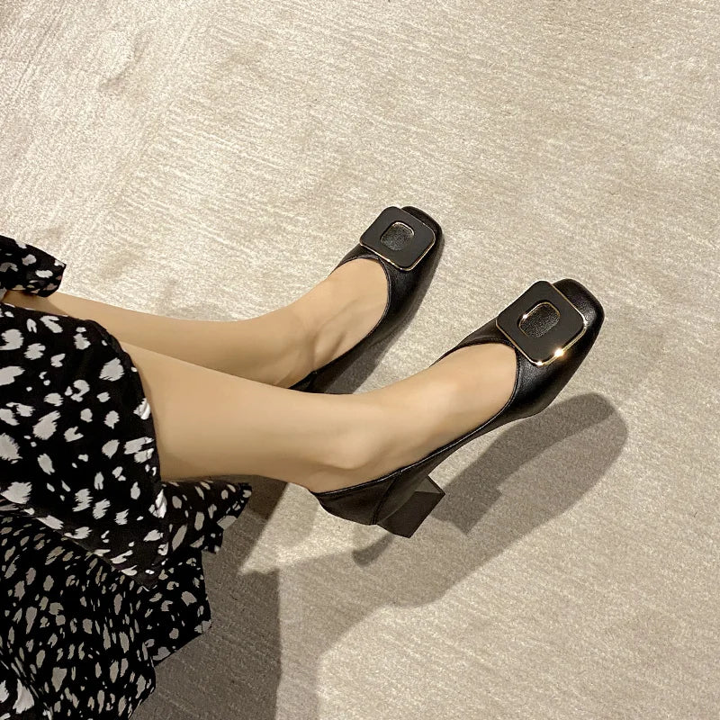 KIMLUD, FamtiYaa 2021 New Shoes Women Pumps Medium High Heels Square Toes Genuine Leather Round Toe Ladies Footwear Zapatilla Mujer, KIMLUD Women's Clothes