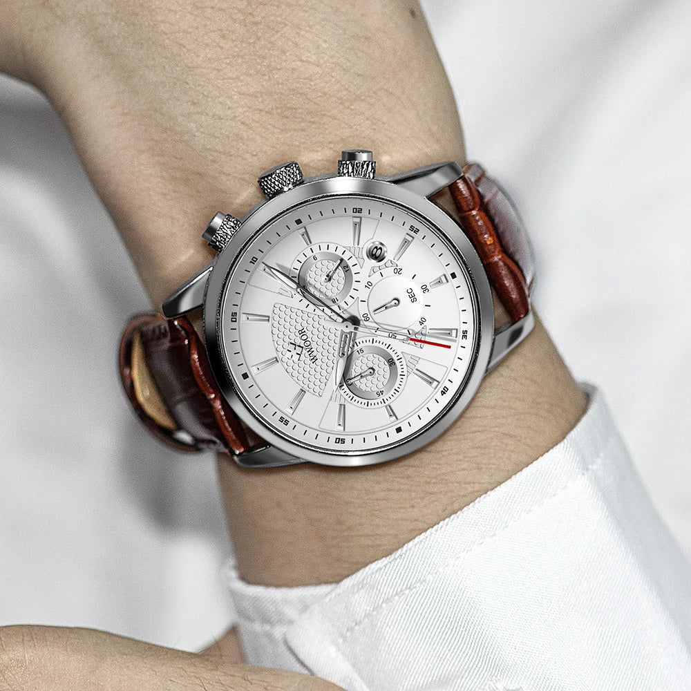 2024 New WWOOR Design Men Watches Top Brand Luxury Waterproof Leather Quartz Wristwatch Sports Chronograph Relogio Masculino+Box