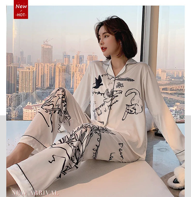 Pajamas Set – Luxury Animal Graffiti Print – Polyester Stretch | KIMLUD