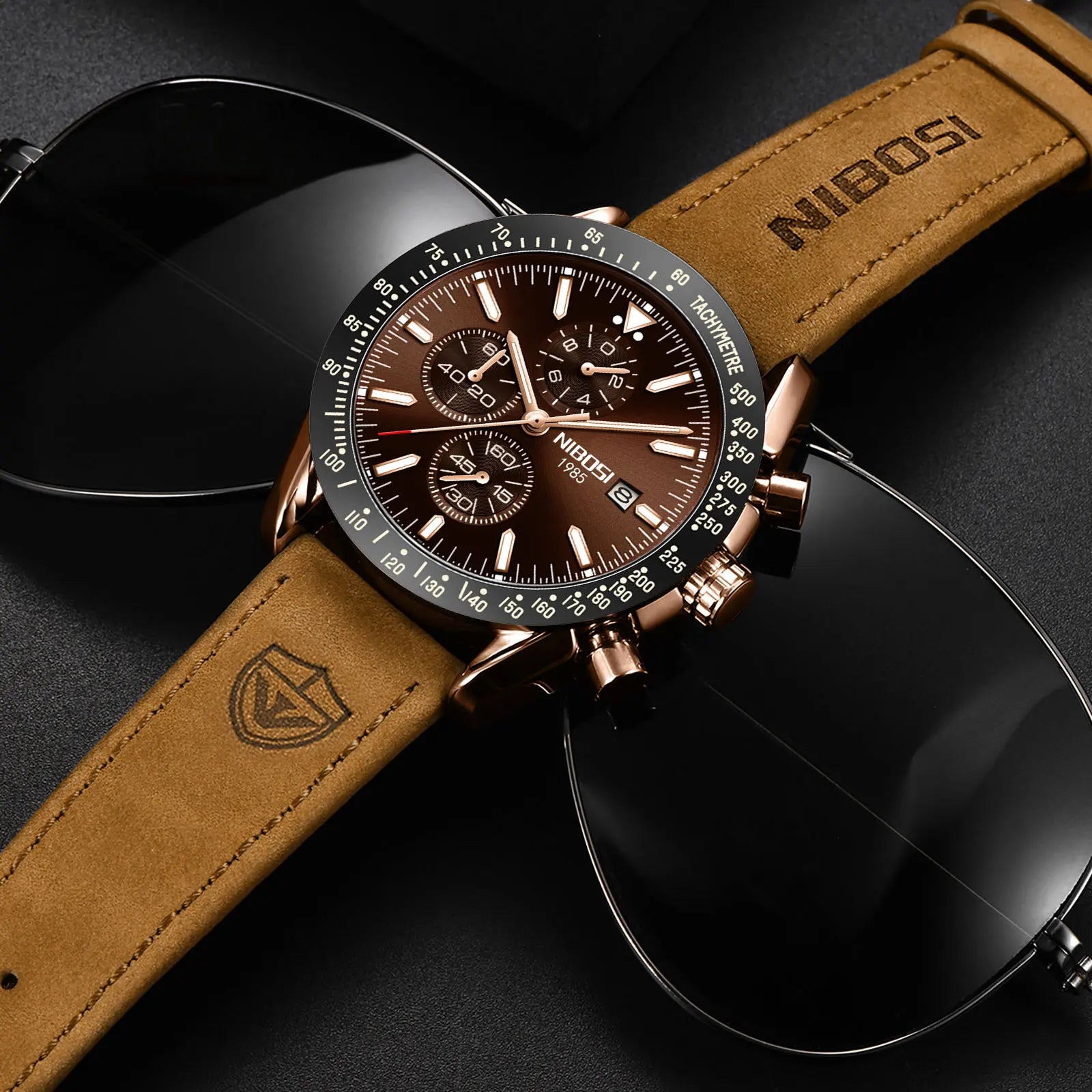 NIBOSI 2615 Business Style Men Watch Luminous Real Leather Band Wristwatch Silicone Strap Chronograph Quartz Watches