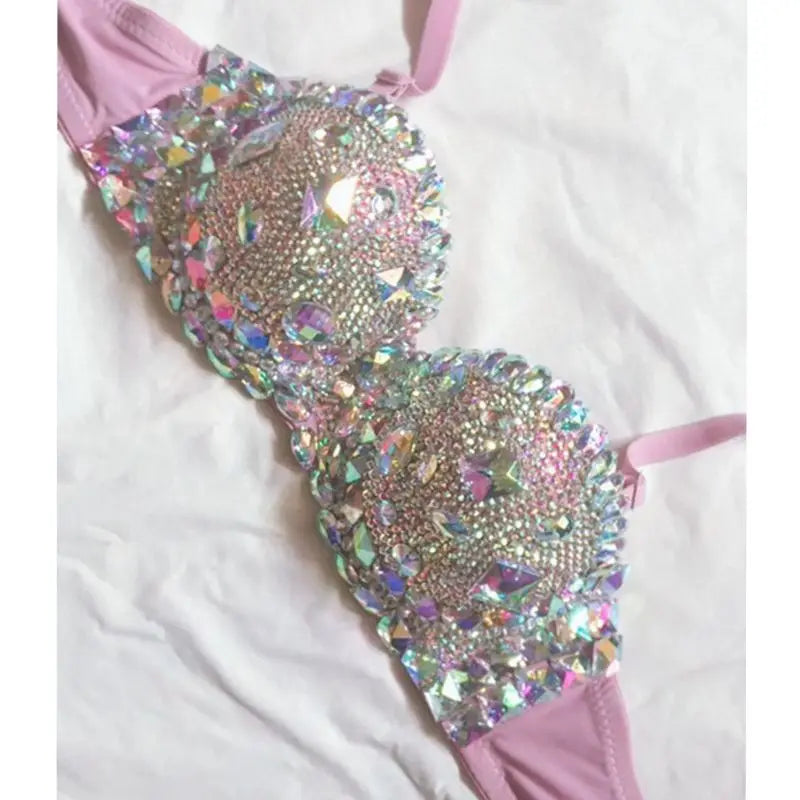 Diamond Bikini Top Push Up Rhinestone Embellished Contour Bandeau — Rose Pink | KIMLUD
