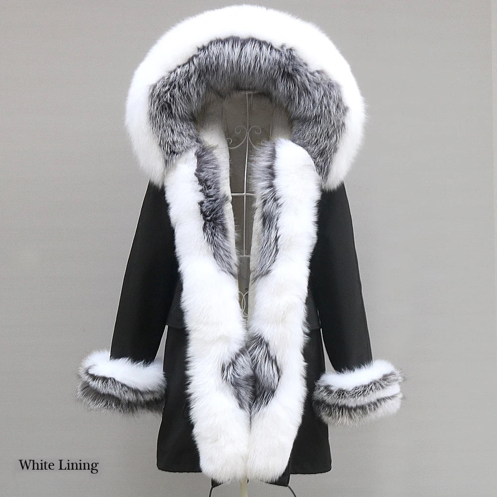 2024 Winter Jacket Women Natural Raccoon Fur Collar  Real Fur Coat Color matching Hood Cuffs Thick Warm Outerwear New Long Parka