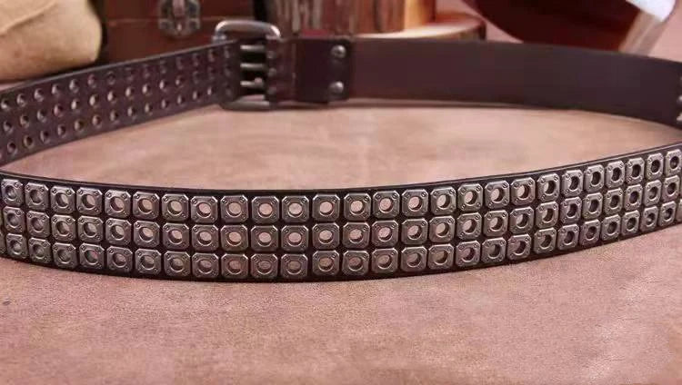 Studded Leather Belt Heavy Metal Style — Dark Brown | KIMLUD