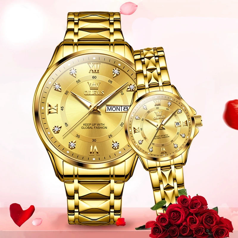 Luxury Unisex Olevs Stainless Steel Quartz Waterproof Couple Watch for Lovers