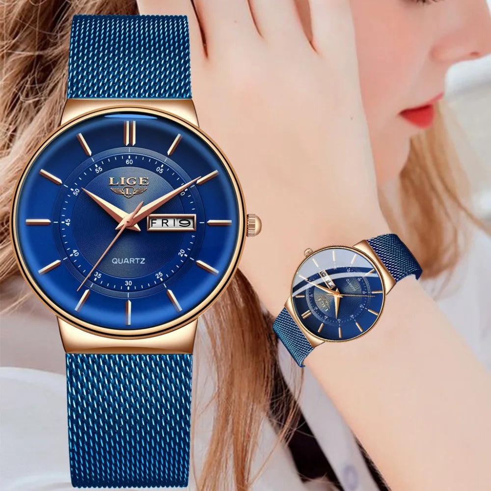 LIGE Women Watches Luxury Brand Ultra-thin Calendar Week Quartz Watch Ladies Clocks Mesh Stainless Steel Waterproof Reloj Mujer