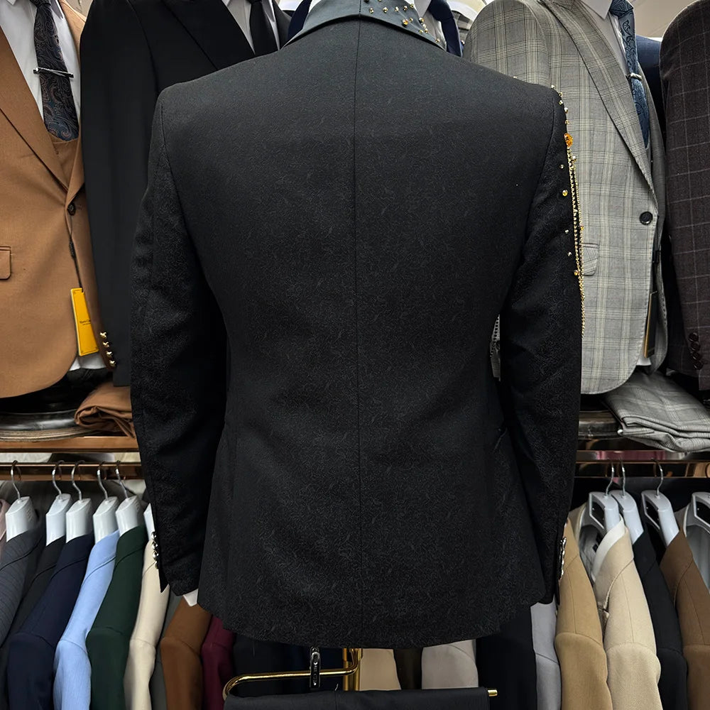 Handmade Rhinestone Beaded Men 3 Piece Suits Luxury Wedding Groom Wear Slim Fit Single Breasted Tuxedo Jacket Vest Pants Set