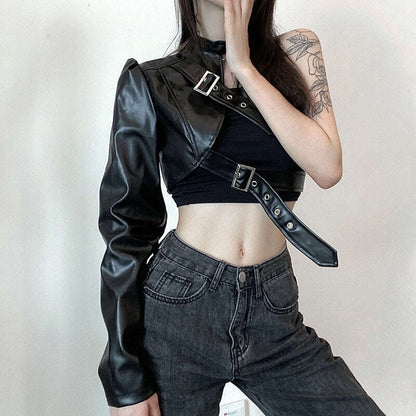 KIMLUD, Women Fashion Punk Style Crop Tops Cool Single Long Sleeve Neck Hanger Leather Belt Connected Tops Streetwear Jackets, KIMLUD Womens Clothes
