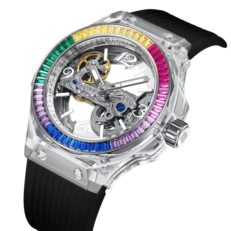 Stainless Steel Skeleton Mechanical Watch — Black | KIMLUD
