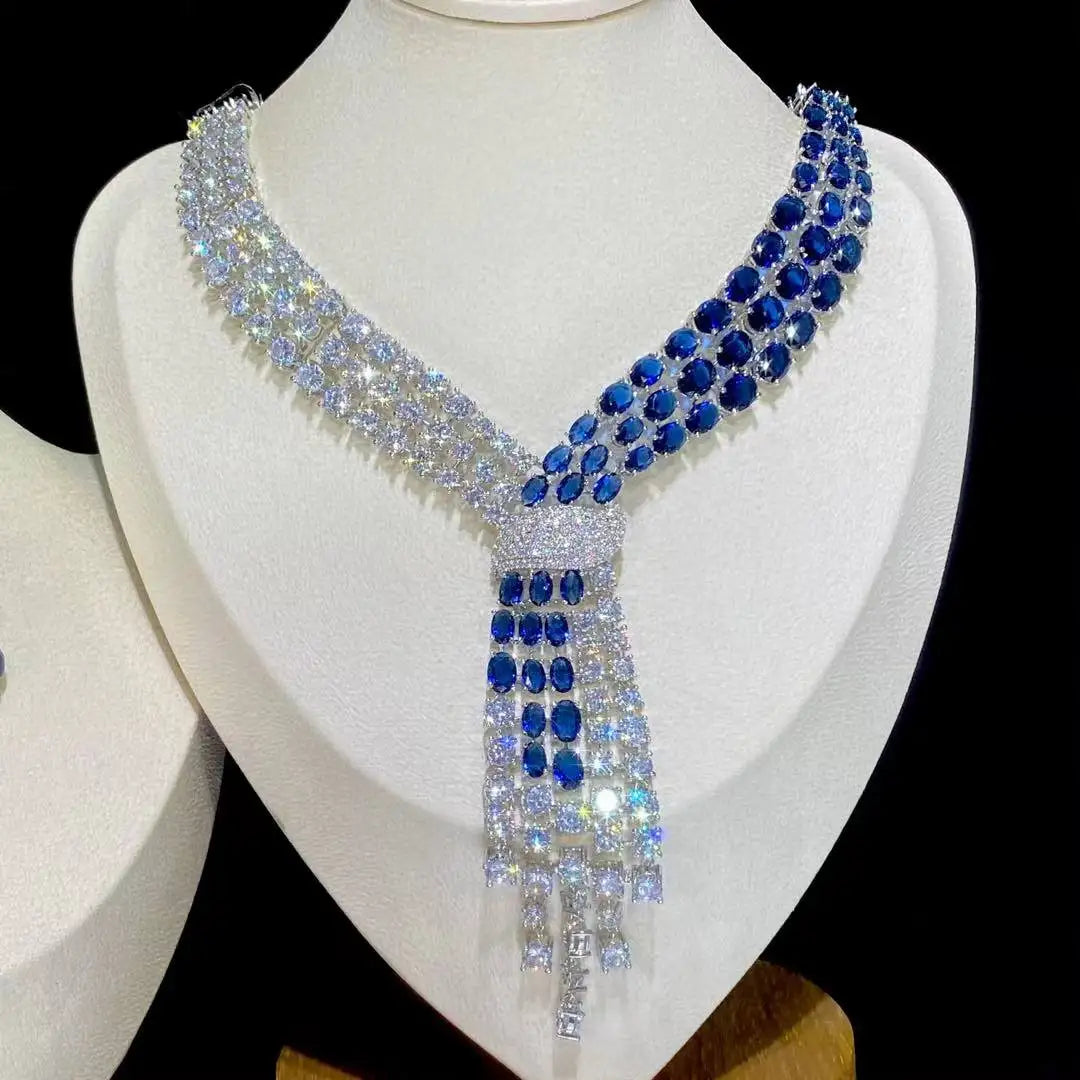 ASNORA - Luxury Blue 2 Piece Tassel Necklace Cubic Zircon Jewelry Set Women Wedding European Party Jewelry Set X0140