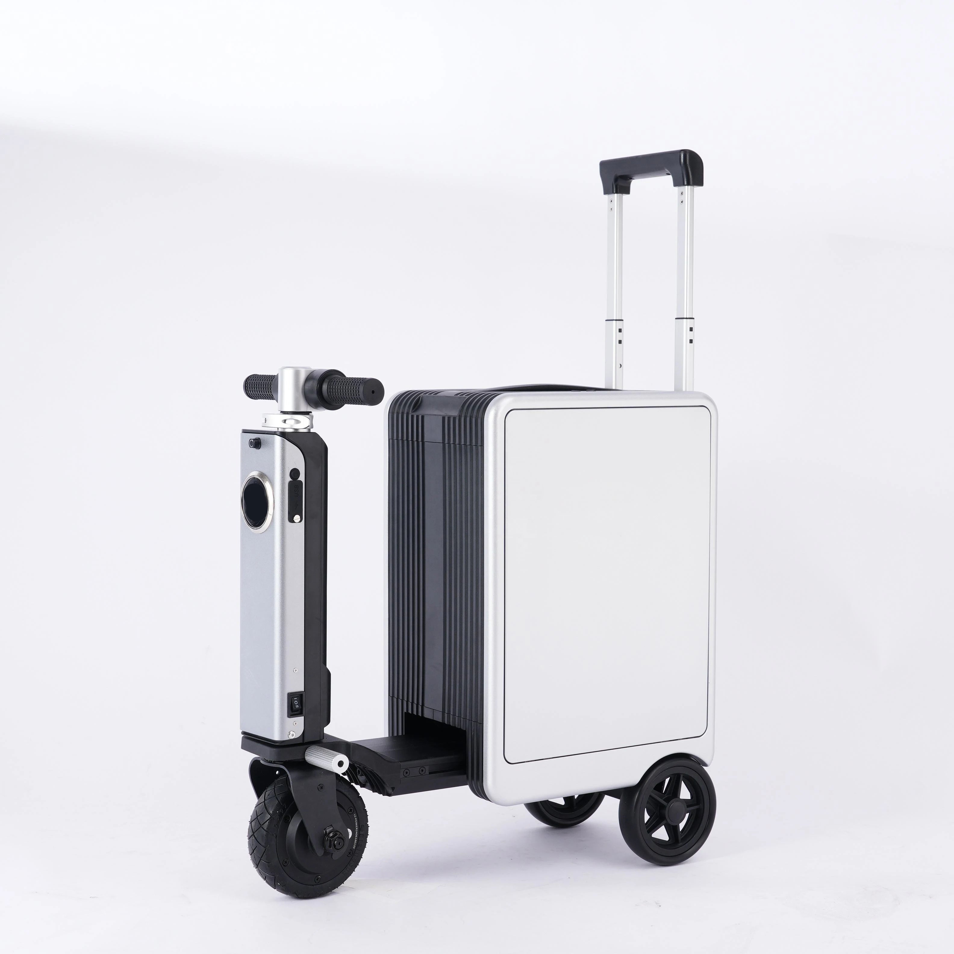 Smart ABS Luggage Scooter Bluetooth USB Charging Travel Trolley — Metallic Silver | KIMLUD