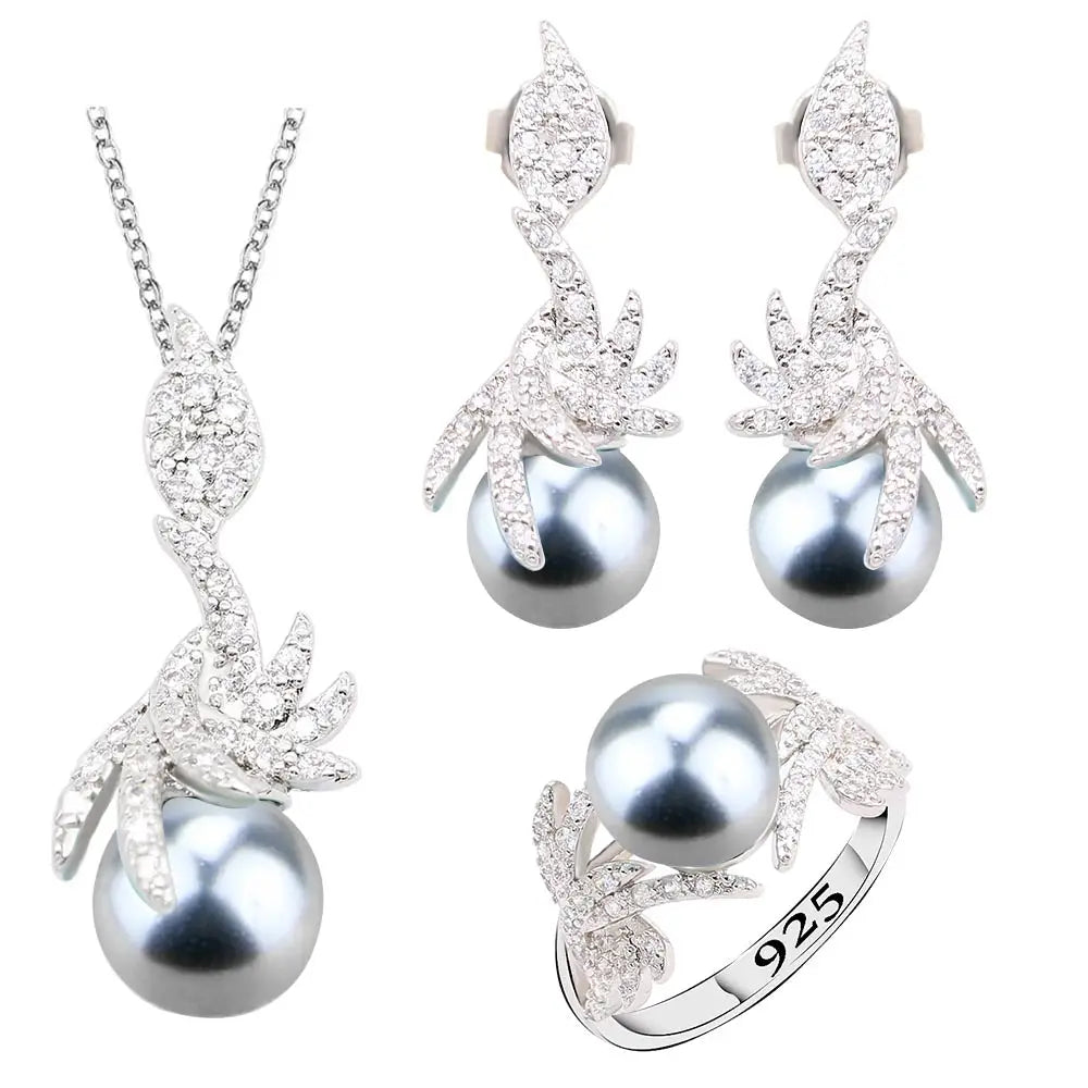 Black Pearl Silver Color Jewelry Sets for Women Earrings Necklace Pendant Ring New Arrival