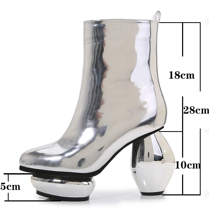 High Heel Boots Womens Shoes Heels Women Winter  Cool Fashion New Autumn Winter Thick-heeled Silver Patent Leather Short Bling