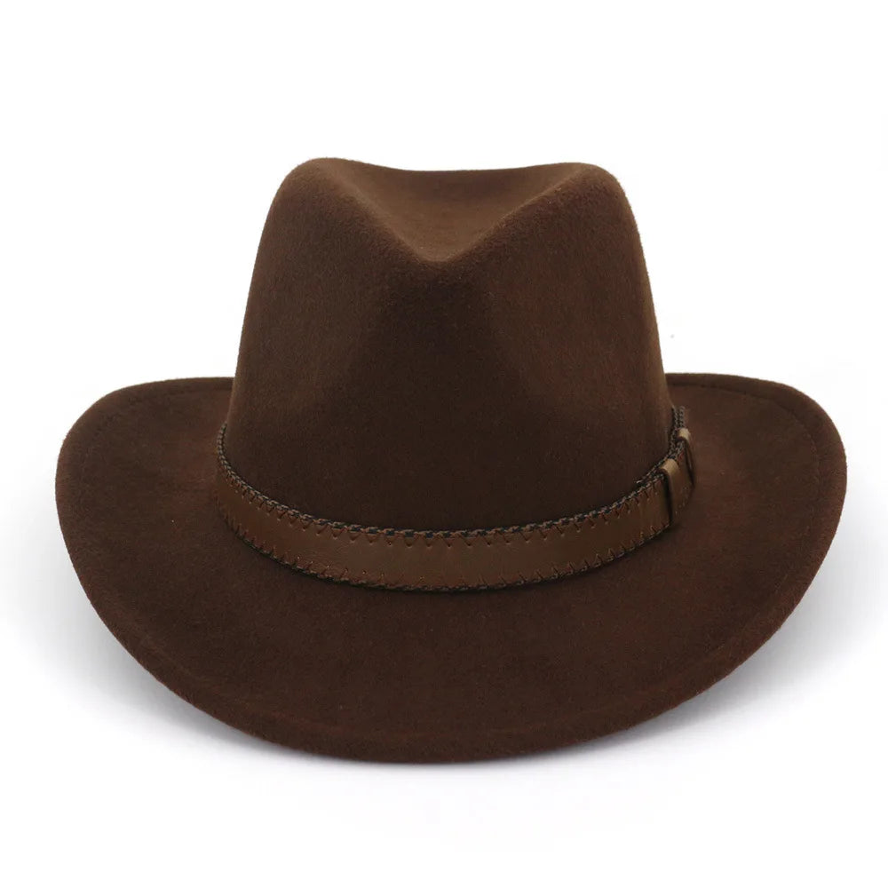 Wool Felt Cowboy Fedora Hat Wide Brim Leather Band — Dark Brown | KIMLUD