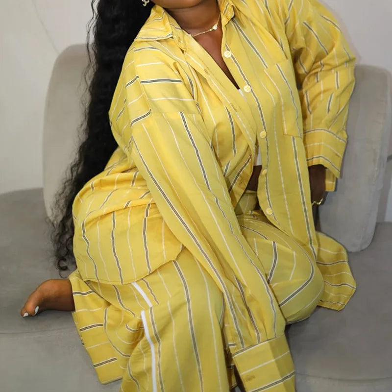 Boutique Wholesale 2025 Autumn New Fashion Collar Loose Striped Shirt Casual Pants Women's Set